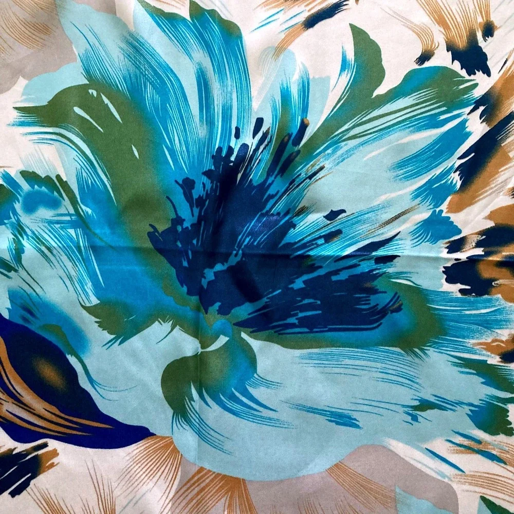 Oversized Square Blue Floral Satin Scarf Head Neck Hair boho Tropical Wrap 💖